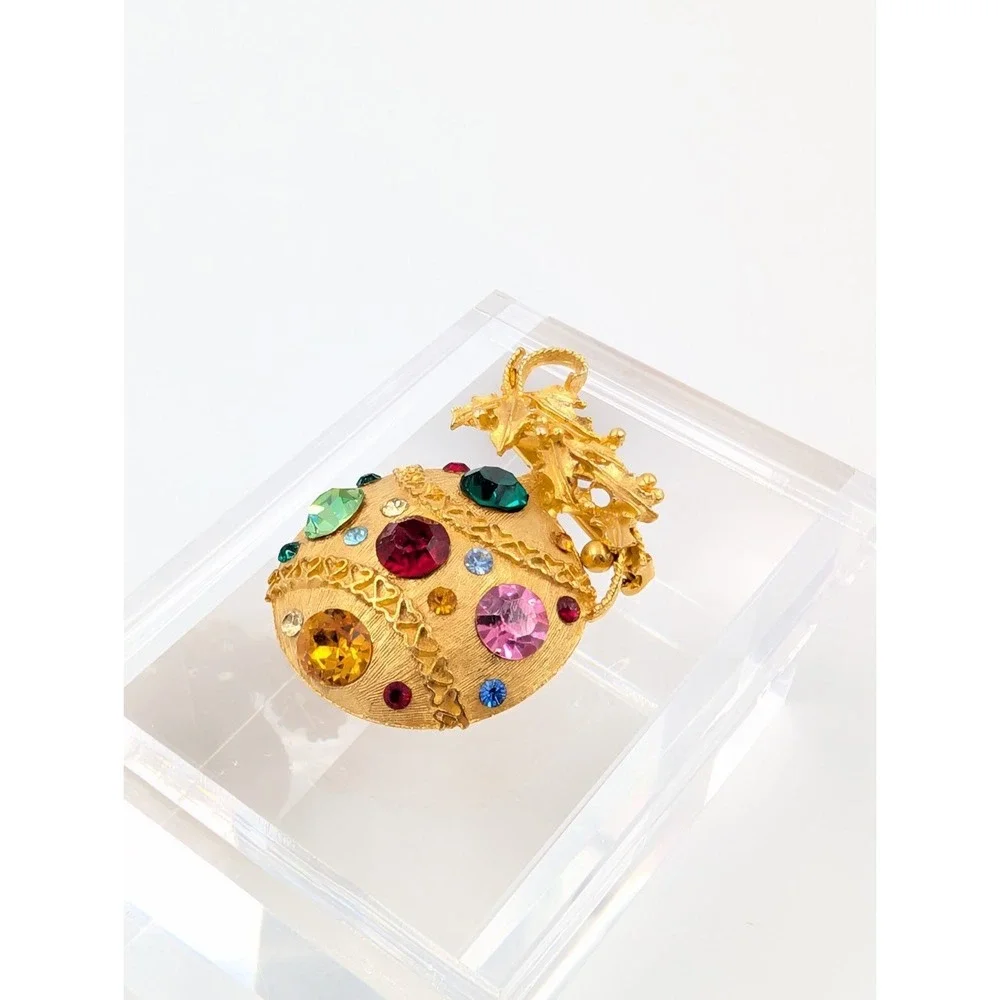 Vintage Gold Tone Ornament Brooch Rhinestone Christmas‎ Ball Statement Piece
